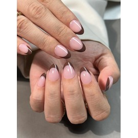 Hrnsnails Brown French Tip Press On Nails - Almond Press On Nails, Glue On Nails Short Fake Nails with Glossy Designs, Acrylic Nails Press On Gel False Nails,Artificial Nails Stick On Nails for Women