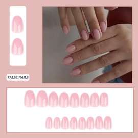 Stick on Nails - 24pcs Pink Press on Nails - Short Square Fake Nails with Glue - 12sizes Natural Young Color Glossy Full Cover Acrylic Nail for Women Girls Daily Wear