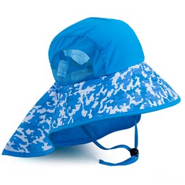 Kids Sun Hat UPF 50+ Boy Girl Protection Hat Wide Brim Beach Hats with Mesh and Adjustable Chin Strap Camouflage Blue