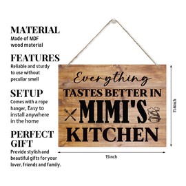 Hanging Wooden Kitchen Gifts, Grandma's Gift, Mother's Day Gift, Thanksgiving Gifts for Mom from Daughter Son, Everything Tastes Better in Mimi's kitchen Sign, Rustic Farmhouse Sign 15x11.4 Inches