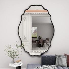 CHARMOR 24x36 Irregular Wall Mirror, Matte Black Oval Wavy Framed Bathroom Mirror, Modern Black Vanity Mirror, Decorative Wall Mirror(Horizontal/Vertical)
