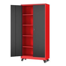 Fesbos Metal Rolling Storage Cabinet-74.6” Tall Steel File Cabinets with Wheels Lockable Doors and Adjustable Shelves-Black & Red Steel Storage Cabinet for Home, School, Office, Garage