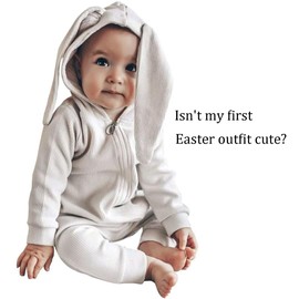 Baby Bunny Costume, Girl or Boy Easter Outfit, Unisex Toddler Rabbit Dress Up Romper, Color White 6-9 Months
