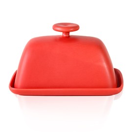 Yundu Ceramics Butter Dish with Lid for Countertop,Butter Keeper Container, 6.3″ Long-4.1″ Wide - Matte Red