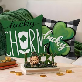 St Patricks Day Pillow Covers 18x18 Set of 4 - St Patrick's Day Buffalo Plaid Green Lucky Pillow Cover for St Patricks Day Decorations - Sofa Home Decoration