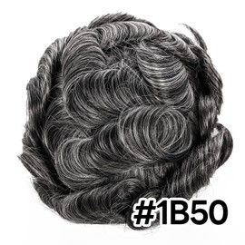 Men Toupee Hair System Ultra Thin Skin Hair Piece European Human Hair Replacement 0.02-0.10MM V-LOOP Toupee For Men. (1B50# Off Black with 50% Synthetic Grey, 8x10"-0.08MM-0.10MM V-LOOP)