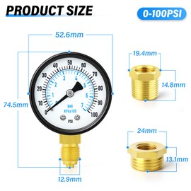 TAILONZ PNEUMATIC 0-7 Bar 2" DIAGRAM 1/4" BSP Well Pump pressure gauge with 1/2" BSP and 3/8" BSP brass bushing adapter, 3-2-3% accuracy, lower bracket