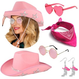 GIFIKOI Cowgirl Outfits Star Cowboy Hat Western Boots Earrings Sparkly Cowboy Hat Bandana Sunglasses for Women Western Costume Accessories Pink