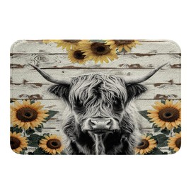 Highland Cow Non-Slip Bath Rugs Kids Farm Highland Cattle Bath Mats for Bathroom Girls Women Sunflower Farmhouse Style Bathroom Rugs Absorbent Wood Grain Bathroom Accessories Doormat Floor Mat 16"x24"