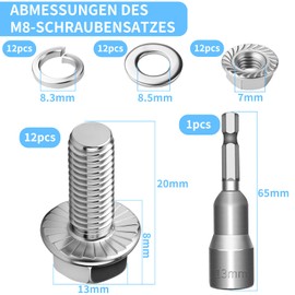 Pack of 12 M8 x 20 mm Hex Screws M8 Screws Set Stainless Steel A2 70 Full Thread Male Hex Flange Nuts Spring Washers Magnets Hexagonal Socket for Construction Machines Assortment with Magnetic Hex Bit