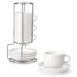 MALACASA 8 OZ Porcelain Espresso Cups with Saucers and Metal Stand Set of 4, Stackable Cappuccino Cups, White Expresso Shots Cup Set for Coffee Drinks, Latte, Tea
