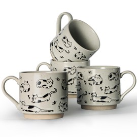SHOWFULL Stackable Coffee Mugs Set of 4, Aesthetic Cute 10 OZ Small Ceramic Espresso Cups Vintage Stoneware Tea Cup for Cappuccino Latte, Cat