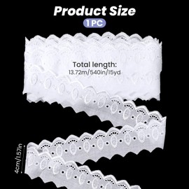 15 Yards/ 13.7M White Lace Trim, Cotton Eyelet Lace Ribbon Wavy Edge Floral Embroidery Ruffle Laces Trim Broderie Anglaise Trims for Sewing Dress Clothes Bag Dolls Pets Clothes