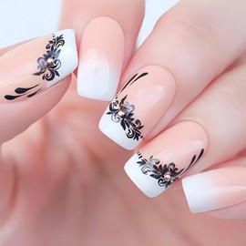 24 Pcs French Tip Press on Nails Medium Square Fake Nails with Black Flower Designs Gradient Nude White False Nails with Rhinestones Cute Spring Decorations Medium Glue on Nails for Women and Girls