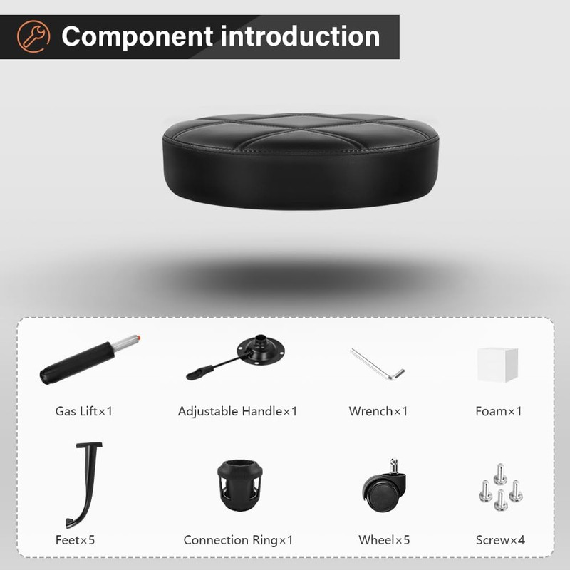 KKTONER Rolling Stool Chair PU Leather Height Adjustable Round Stool