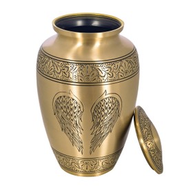 Cremation Urn for Human Ashes with Satin Bag, for Adults up to 200 lbs | Large Handcrafted Funeral Urns by Divit Shilp (Golden Angel Wings, Adult)