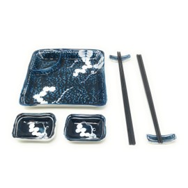 TJ Global Ceramic Square Shape Japanese Sushi for 2 Set, One Plate, Two Chopstick Holders, Two Pairs of Chopsticks, and Two Soy Sauce Dishes, Glazed (#1)