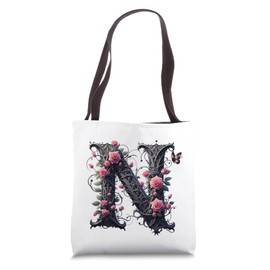 Letter N Initial Floral Monogram Rose Pink Flower Butterfly Tote Bag