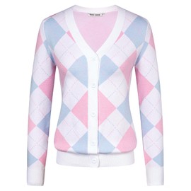 Button Down Sweater for Women Cute V Neck Long Sleeve Argyle Plaid Patterned Cardigan Y2K (Light Blue Pink,XL)
