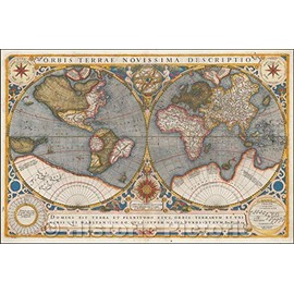 Historic Map - Orbis Terrae Novissima Descriptio Authore Gerardo Mercatore/Double Hemisphere Map of The World, Engraved by Jodocus Hondius, 1602 - Vintage Wall Art 44in x 29in