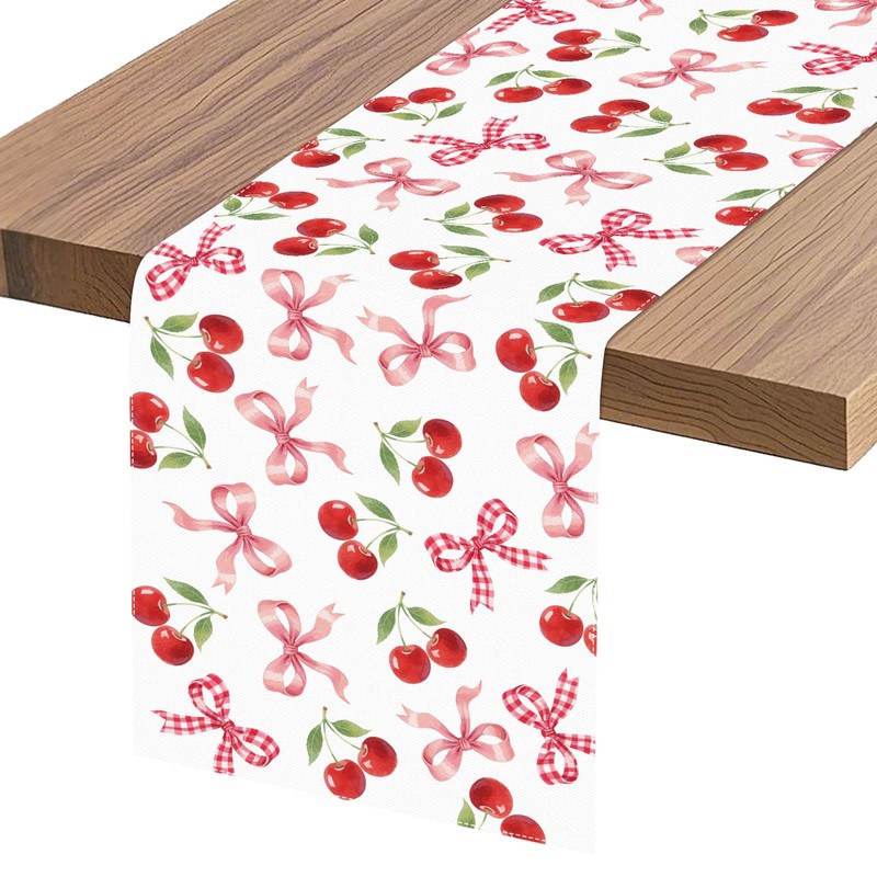 Cherry Pattern Table Runner, Red White Design with Bows, Seasonal
