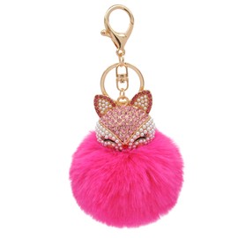 HOYUNLA Faux Rabbit Fur Ball Pom Pom Keychain with Fox Head Studded with pearl Rhinestone for Womens Bag Car Key Decoration (rose red)