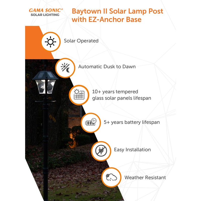 Gama Sonic Baytown Solar Lamp Post, Black Outdoor Durable with