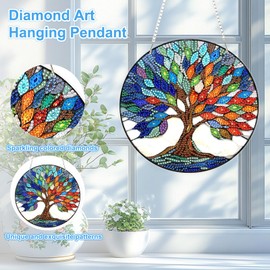 TOSTOG Diamond Art Hanging Kits for Adults, DIY Diamond Paintings for Adults Window Pendant, Special Shape Diamonds Colorful Tree of Life Diamond Paintings Hanging Pendant Kit for Wall Decor Gift