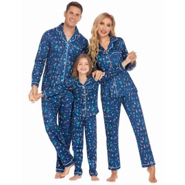 Ekouaer Christmas Family Matching Pajamas Long Sleeve Button Down Pj Set Festival Party Sleepwear,Navy Blue,Women,XX-L