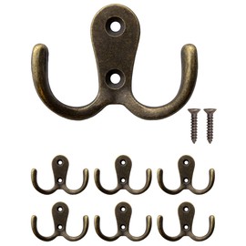 FUXXER® - Solid Antique Double Hooks, Coat Hooks, Towel Hooks, Clothes Hooks, Iron Hooks, Brass Bronze Design, Vintage Country House Retro, Set of 5