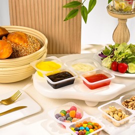 30 PCS Double Compartment Condiment Container with Lids, 5 oz Disposable Plastic Mini Sauce Cups, Compartment Snack Box, Grab and Go Snack Containers Reusable for Salsa (30, 2 Compartment)