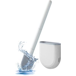 Escobilla de inodoro de silicona para limpieza profunda con mango de plástico largo antideslizante y cerdas flexibles, juego de soporte de secado rápido (blanco)