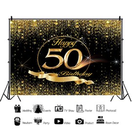 50th Birthday Backdrop 10x8ft Gold Black Birthday Sign Poster Photo Backdrop Glitter Diamonds Happy 50th Birthday Banner for Men Women Party Suppiles Decorations Background