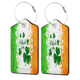 St Patrick's Day Luggage Tags Set of 2, Leather Shamrock Irish Flag Luggage Tags Privacy Cover Suitcase Label with Stainless Steel Loop for Women/Men Travel