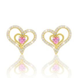 Women's Heart Stud Earrings Set Lovely Pink Earrings 18 Carat Gold Plated with Pink Zirconia Stones in AAA Quality, Jewellery Box and Certificate of Authenticity, Silver, Cubic Zirconia