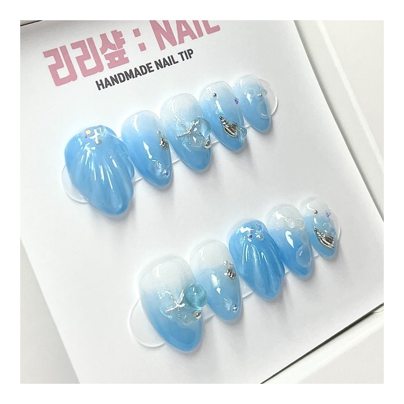 Blue Sea Shell Handmade Nail Tips - Short Oval /