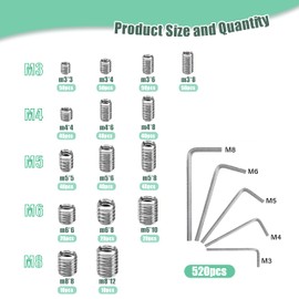 Nivithi 520 Grub Screws Set, Taper Ball Head Screws M3/M4/M5/M6/M8, Stainless Steel Screw Set, Grub Screws M4 & Grub Screw M6, Hexagon Socket Screws for Door Handles with 5 Pieces Hex Keys