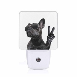Chrobak LED Night Light,Cool Trendy Pose French Bulldog with Sunglasses LED Night Light Plug into Wall with Dusk to Dawn Light Sensor White Energy Efficient Nightlight for Bedroom Hallway Living Room