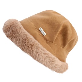QKURT Winter Warm Furry Bucket Hat for Women and Ladies, Faux Fur Hat Windproof Ear Protection Fisherman Cap, Cozy Fuzzy Hat Thermal Beanie with Soft Plush Lining Khaki