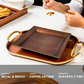 Hammered Copper Finish Serving Tray and Platter - Metal Tray for Appetizers, Silver Serving Tray - Copper Plated Platters 26x26 cm