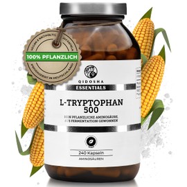 QIDOSHA® L Tryptophan Capsules, High Dosage, 240 Capsules in Glass, Vegan, L-Tryptophan 500 mg per Capsule, Pure Vegetable L-Tryptophan 500 mg, L Tryptophan High Dosage, Produced in Germany
