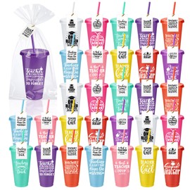 Funnymoom 30 Sets Teacher Appreciation Gifts Bulk 24 oz Thank You Teacher Tumbler Cup with Lid Straw Reusable Water Bottles with Cards Opp Bags for Graduation Gifts(Classic Style)