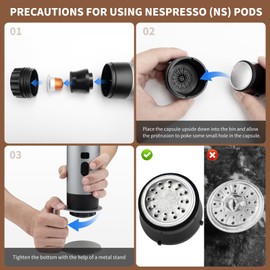 RQUOIRE 3-in-1 Portable Coffee Maker, Espresso Machine, Self-Heating Travel Coffee Maker Compatible with NS, DG Pods & Ground Coffee, Small Mini Espresso Machine for Car Camping, Hiking With Stand