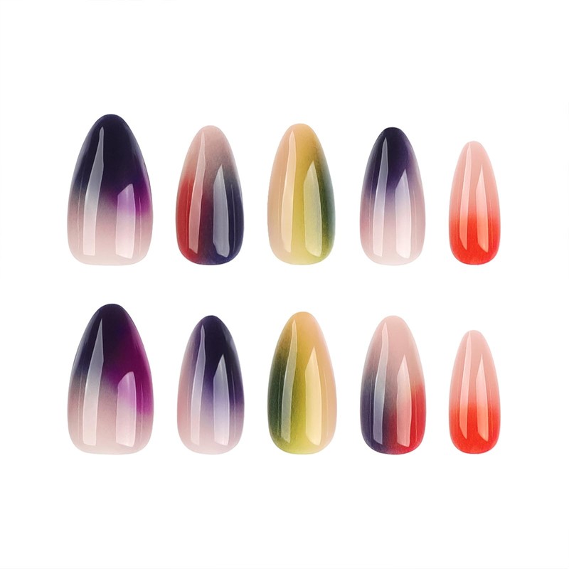 GlamRays 24 Pieces Pink Medium Rainbow Gradient Almond False Nails