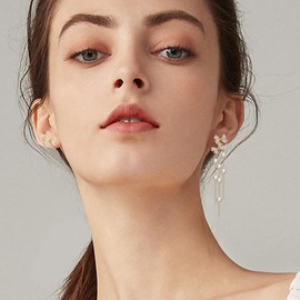 EleQueen Mismatched Earrings, Asymmetric Bow Knot Pearl Earrings, Gold Plated Cubic Zirconia Simulated Pealr Stud Earrings, 3 Chain Dangle Earrings for Women