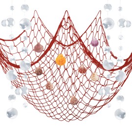 ZERODECO Nautical Decor, Natural Fish Net Party Decorations for Pirate Party, Wedding, Birthday Party, Beach Theme Party, Mermaid Decor, Cotton Fishnet with Shells, White Bubble Garlands, Red