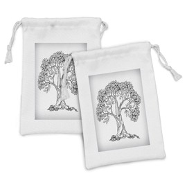 Lunarable Nature Fabric Pouch Set of 2, Tree of Life Themed Majestic Hand Drawn Branches Harvest Mother Earth, Small Drawstring Bag for Toiletries Masks and Favors, 9" x 6", Pale Grey Charcoal Grey