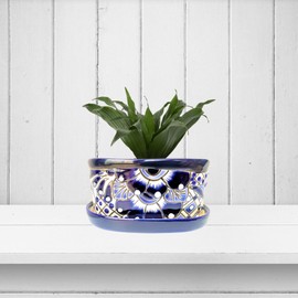 Small Ceramic Pot - Flower Planter with Drainage for Cactus Bonsai Succulents Blue and White Ceramic Pot - Desk Size - Maceta Ceramica Maceta Azul Blanco