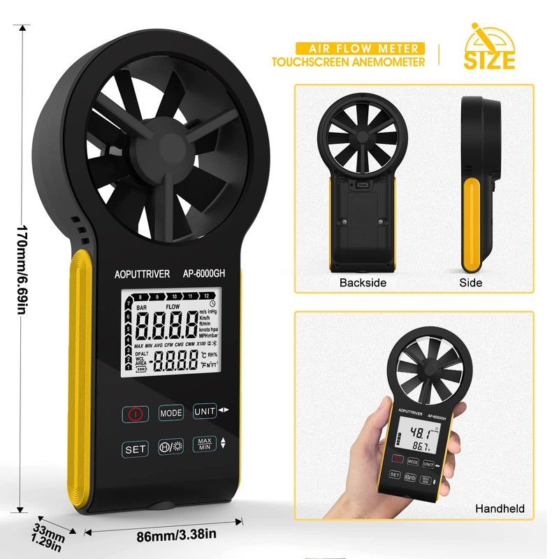 HVAC Anemometer Waterproof Rechargeable Anemometer with Touch-Screen, CFM Meter 0-999900