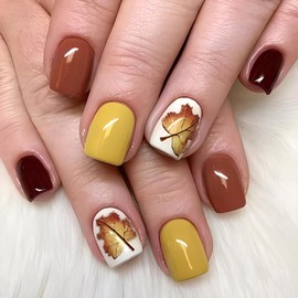 Vopintpy Thanksgiving Maple Leaf Press on Nails Short Square Fall Fake Nails Autumn Maple Leaves Acrylic Nail Glossy Artificial Glue on Nail for Women DIY Manicure